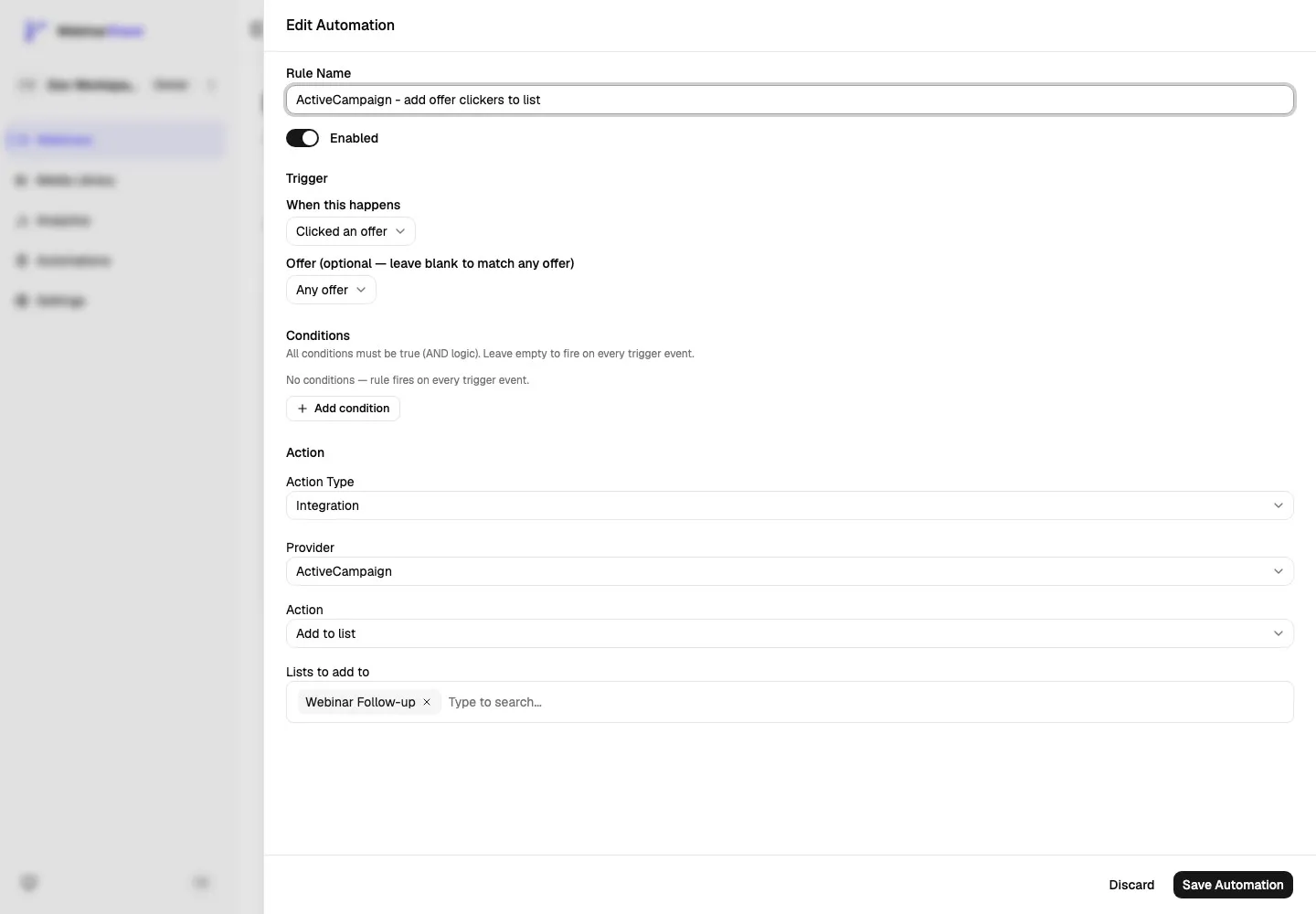 Edit Automation sheet showing an ActiveCampaign integration action configured to add offer clickers to a list