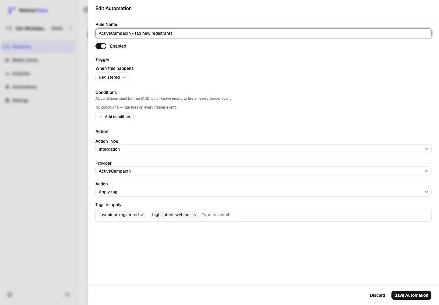 Edit Automation sheet showing an ActiveCampaign integration action configured to apply tags to a new registrant