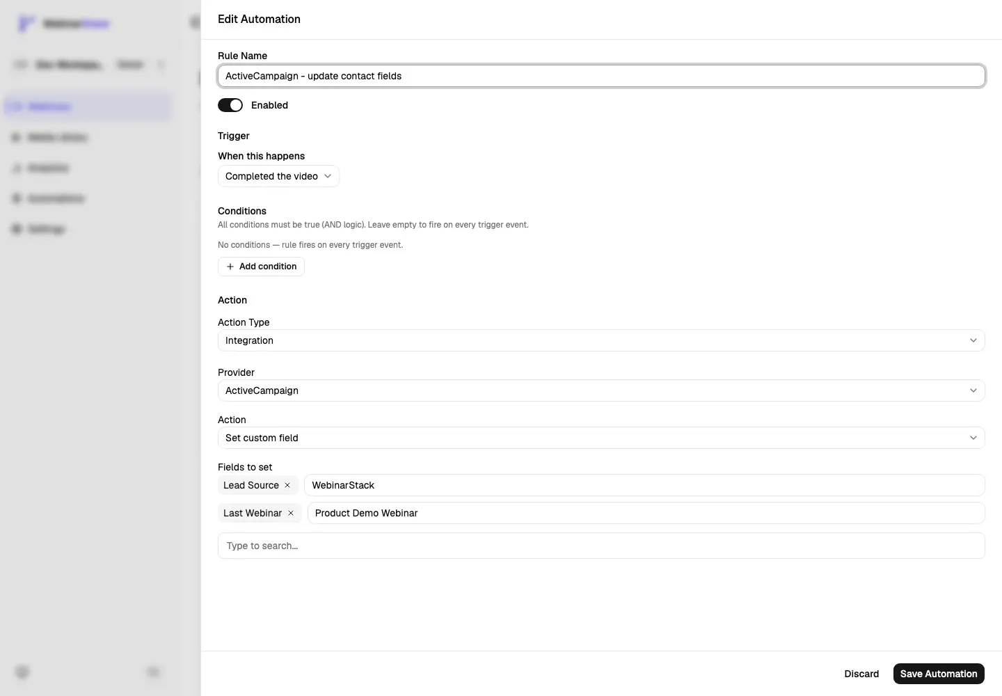 Edit Automation sheet showing an ActiveCampaign integration action configured to set Lead Source and Last Webinar contact custom fields
