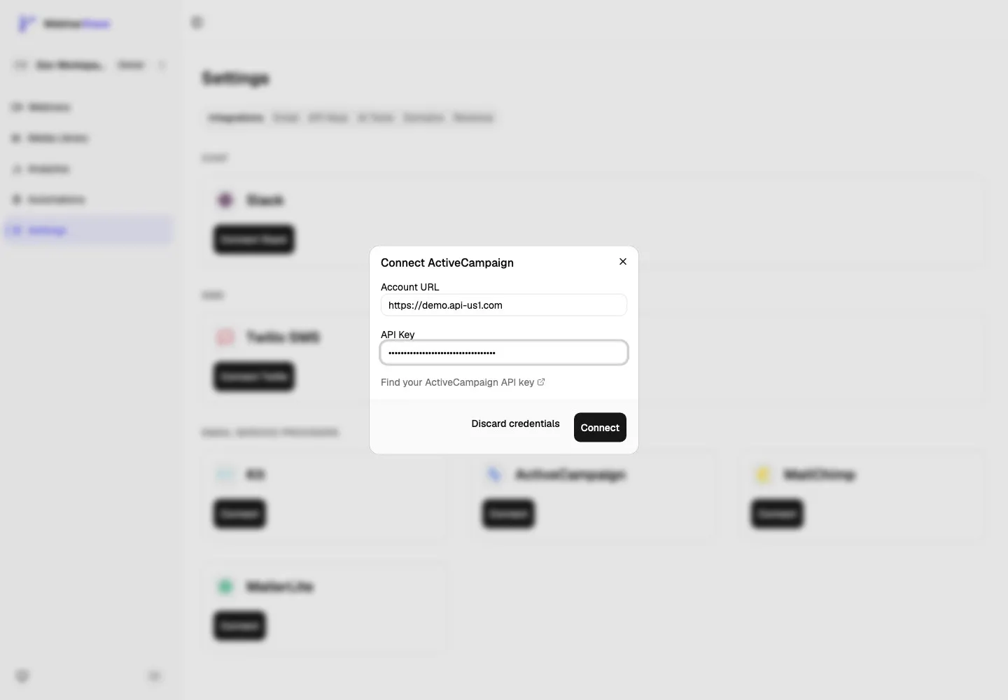 Connect ActiveCampaign dialog showing the Account URL field, API Key field, help link, Discard credentials button, and Connect button