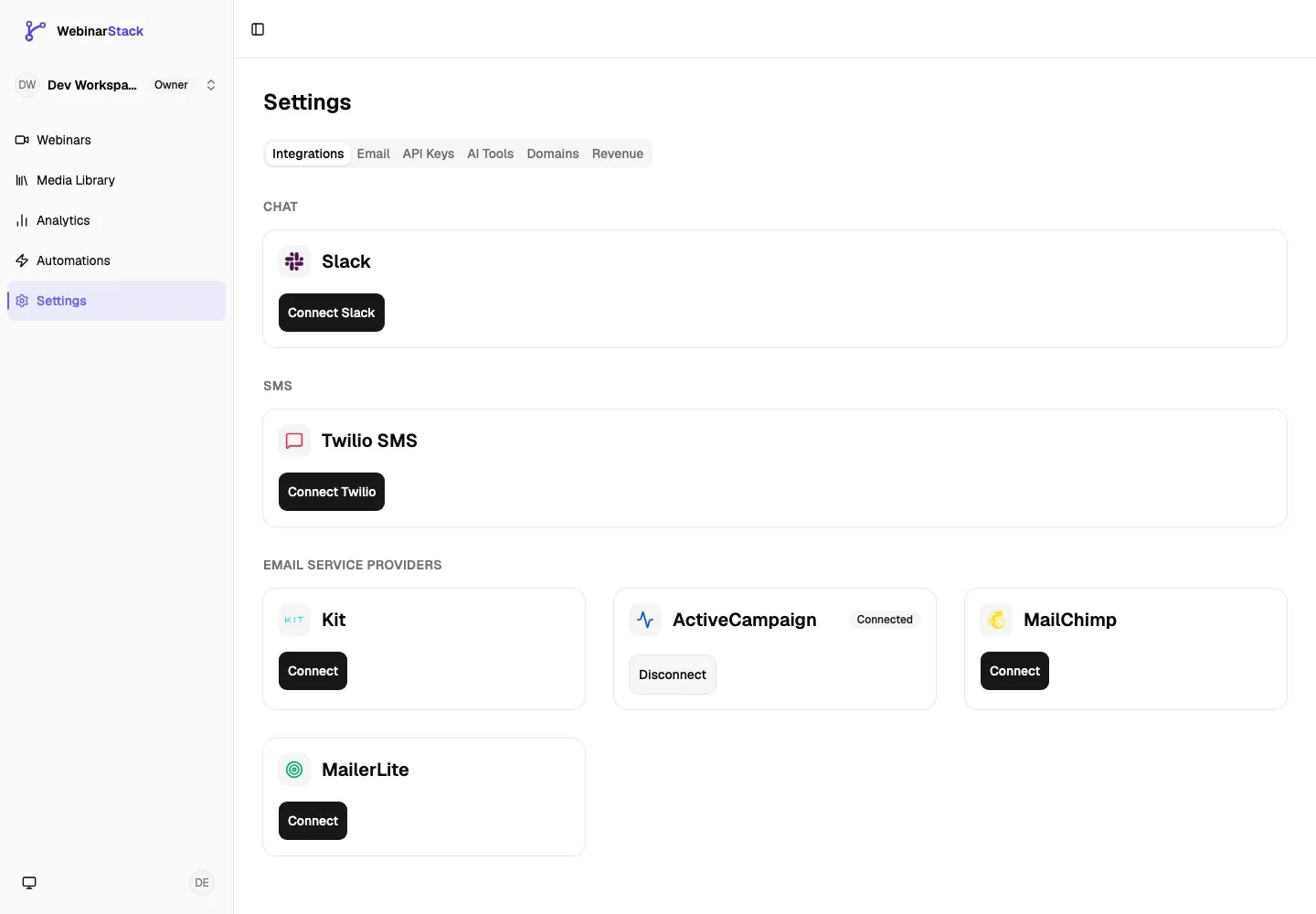 Settings Integrations page showing the Email Service Providers section with the ActiveCampaign card connected