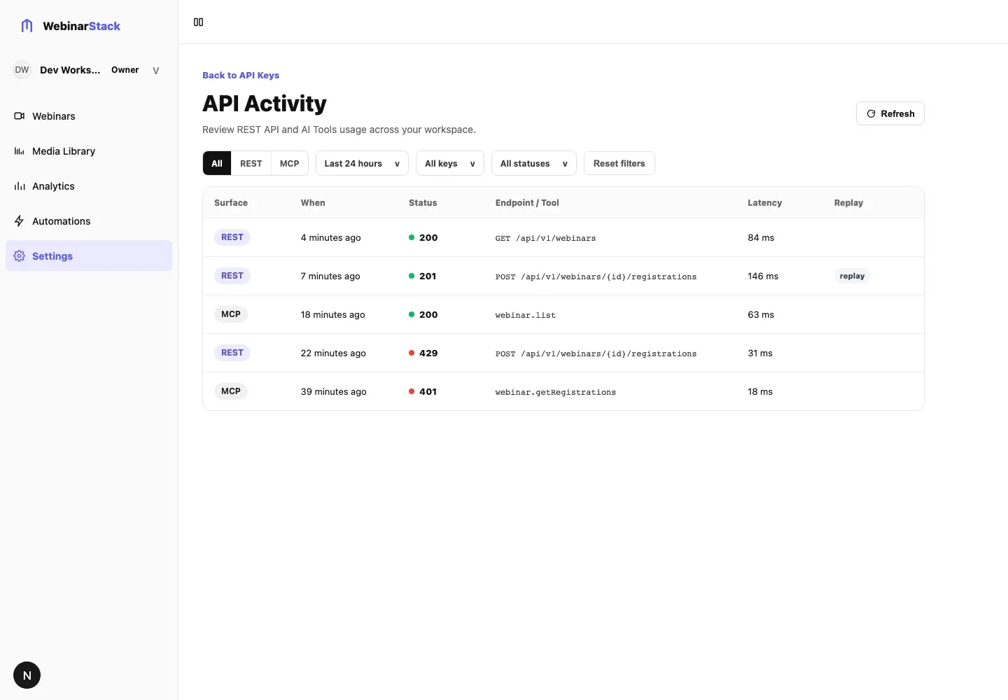 API Activity page showing surface, time range, key, and status filters with recent REST and MCP request rows