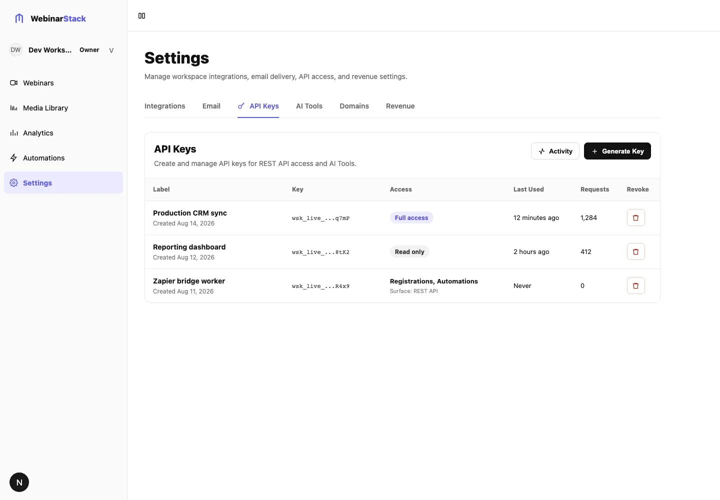 Settings API Keys tab showing masked key hints, access summaries, last-used timestamps, request counts, and revoke controls