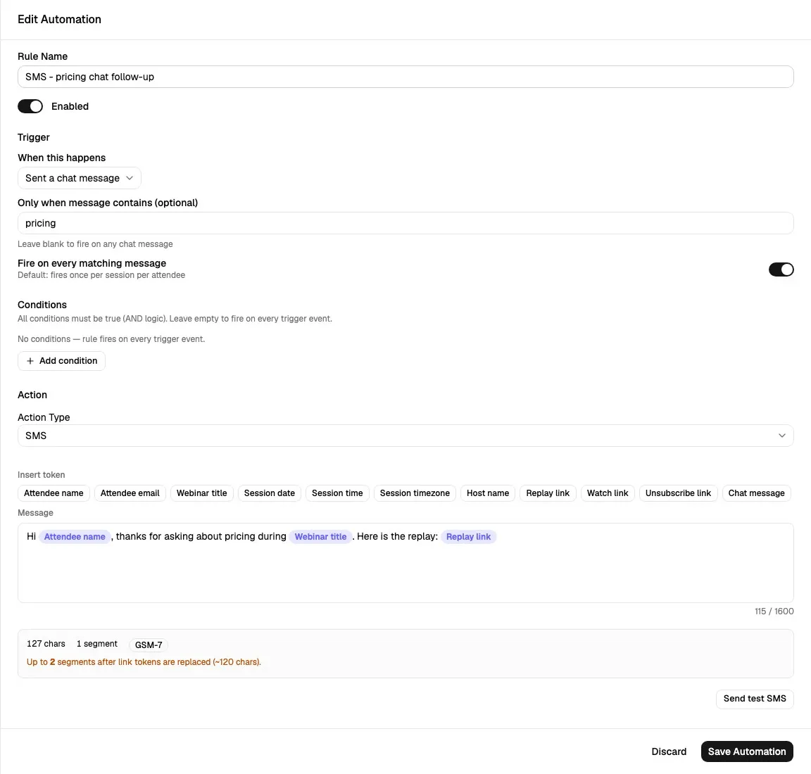 Edit Automation sheet showing a chat-response trigger with keyword matching, fire-on-every-message toggle, SMS action type, and token chips