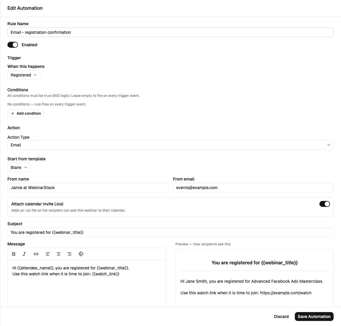 Edit Automation sheet showing email action fields, sender override fields, calendar invite toggle, subject, message editor, and live preview