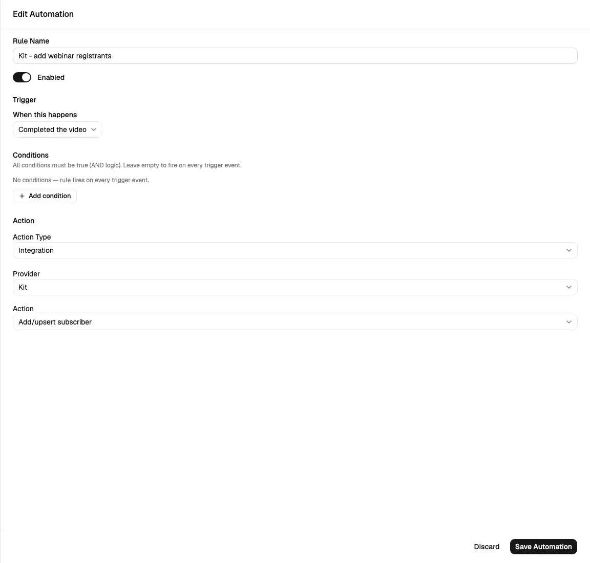 Edit Automation sheet showing an Integration action with Kit selected as provider and Add/upsert subscriber selected as the action