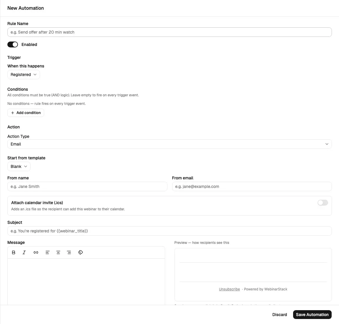 New Automation sheet showing rule name, enabled toggle, trigger picker, conditions, email action fields, message editor, preview, and save controls