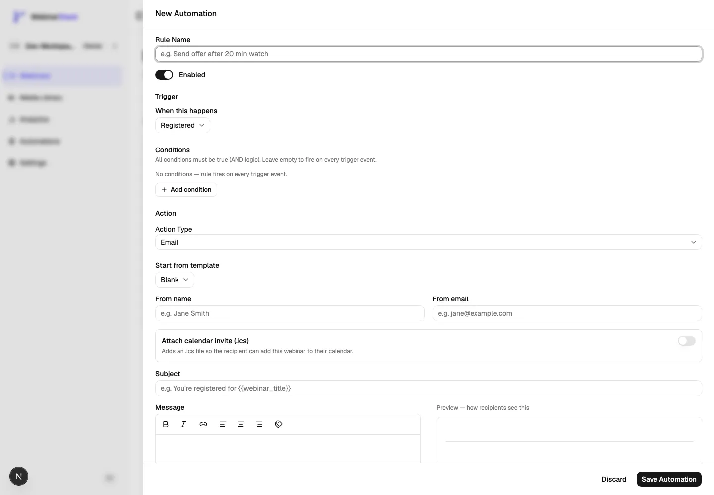 New Automation sheet showing rule name, trigger, conditions, email action fields, calendar invite toggle, and message editor