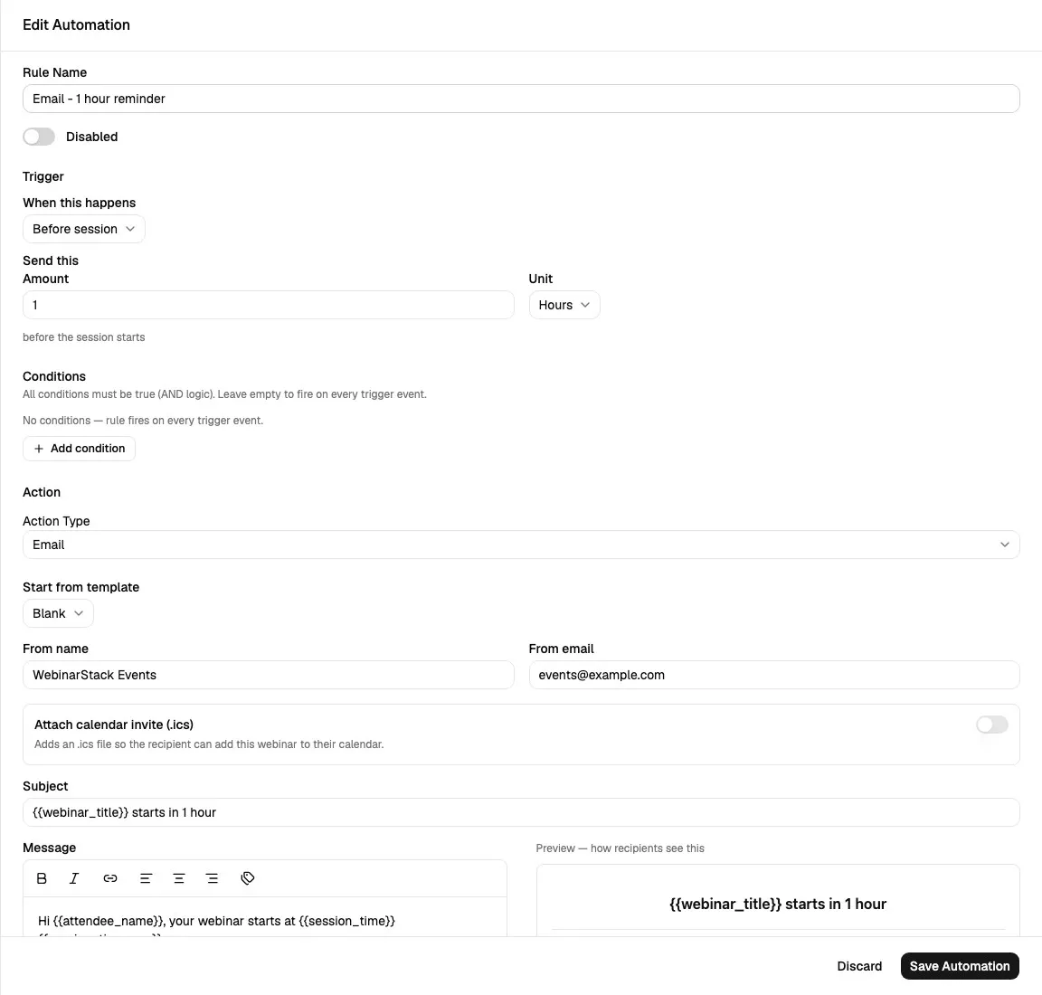 Edit Automation sheet showing a disabled one-hour before-session reminder with amount and unit timing fields