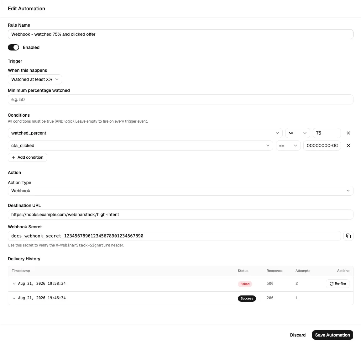 Edit Automation sheet showing a watched-percentage trigger with threshold conditions, webhook action, destination URL, secret, and delivery history