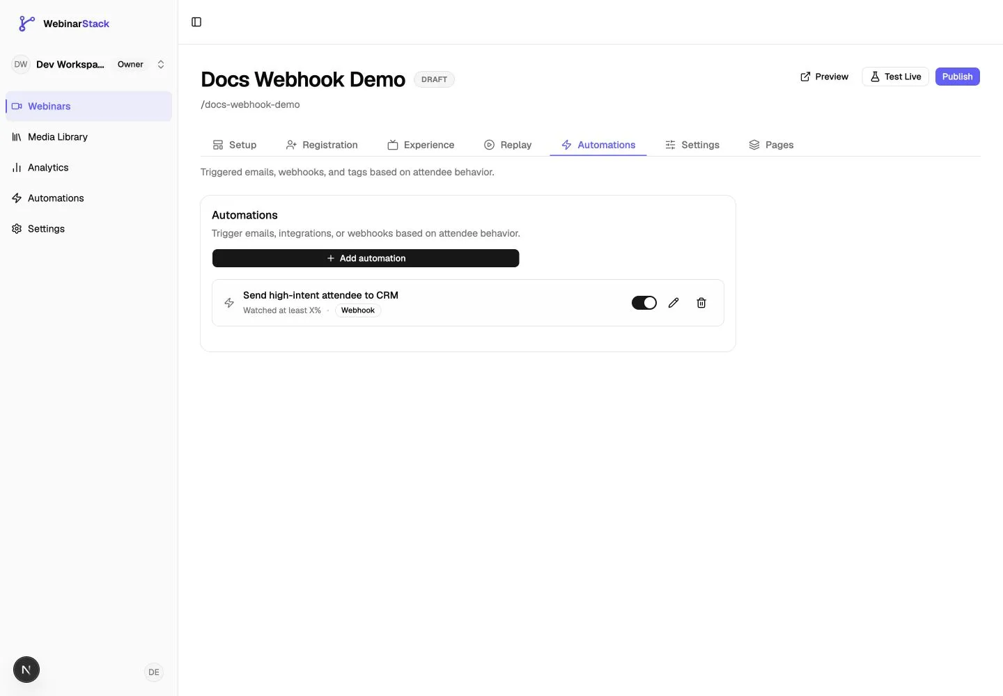Automations tab showing a saved webhook automation rule for watched percentage with the rule enabled