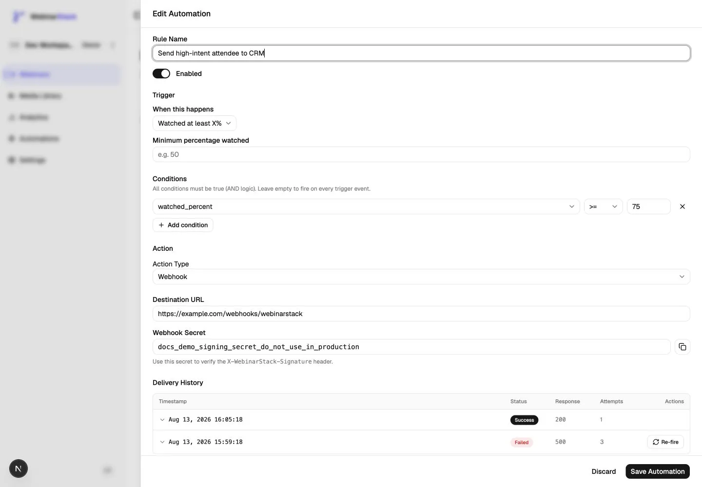 Edit Automation sheet showing a webhook rule with trigger conditions, destination URL, signing secret, and delivery history