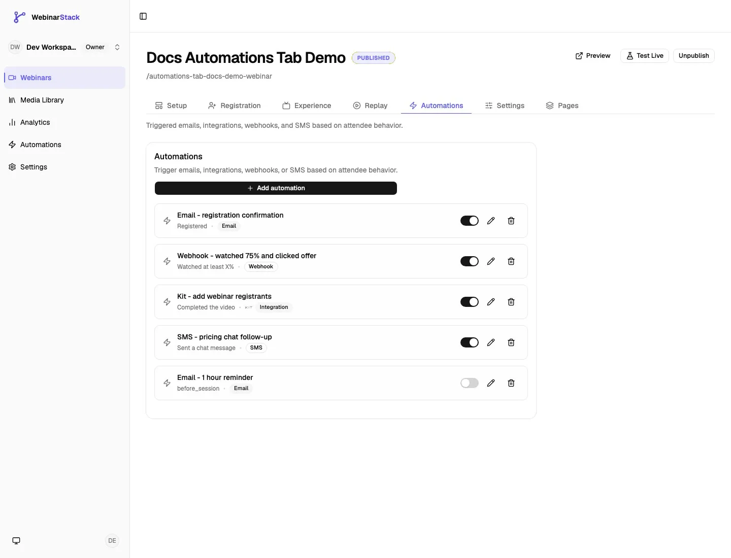 Webinar editor Automations tab showing a populated list of email, webhook, integration, SMS, and disabled reminder rules