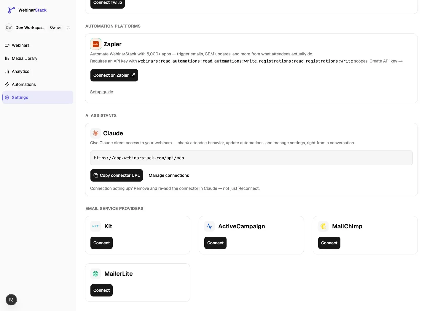 Settings Integrations tab showing the Claude connector card with the connector URL, copy button, and Manage connections link