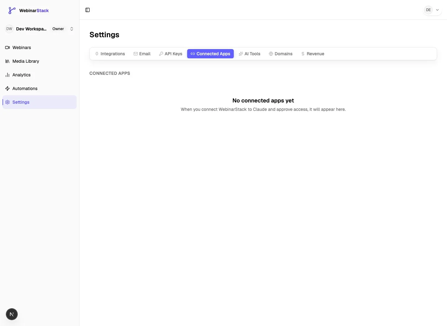 Settings Connected Apps tab showing the empty state before any Claude connector grants have been approved