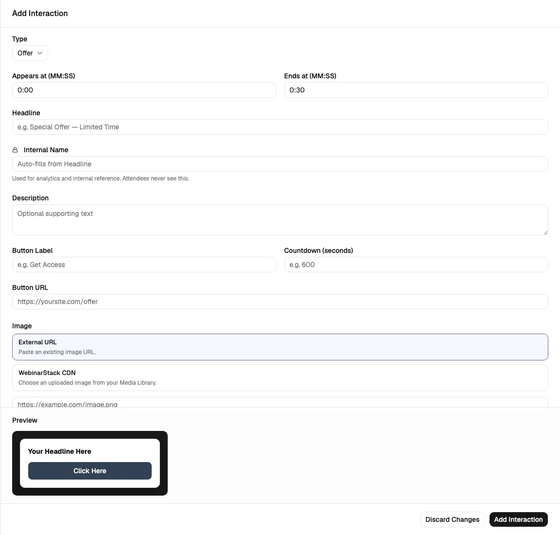 Add Interaction sheet showing offer fields, image source options, button fields, countdown, and preview