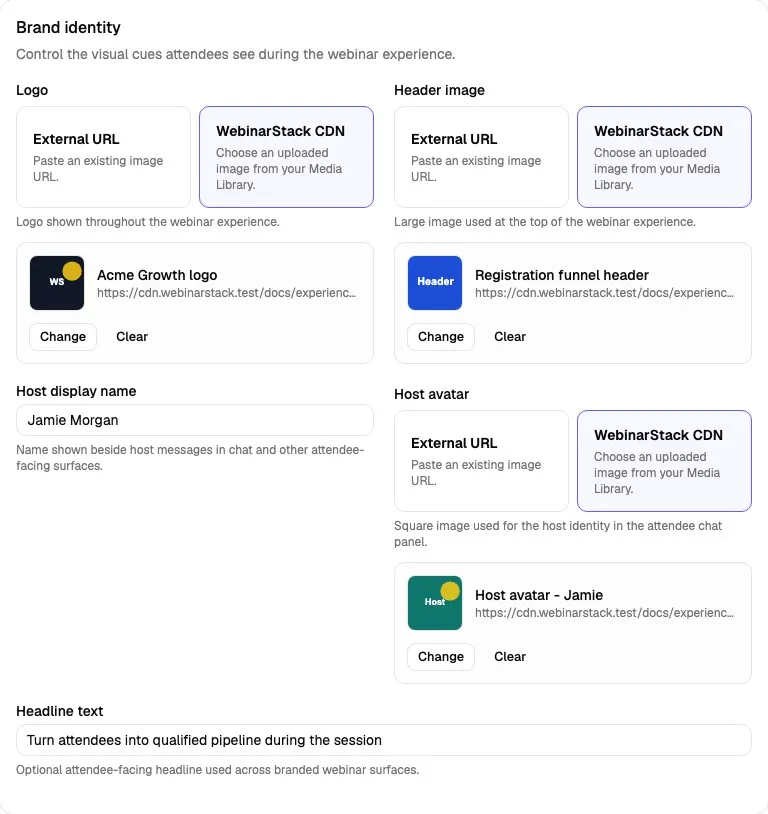 Brand identity card with WebinarStack CDN selected for logo, header image, and host avatar
