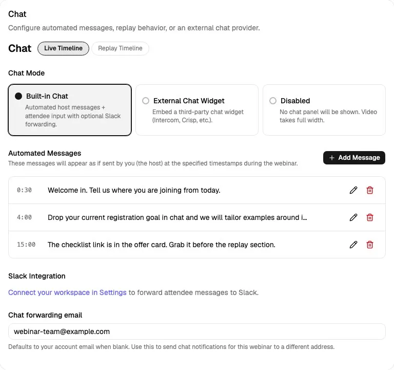 Chat card showing Built-in Chat selected, automated messages, Slack setup link, and chat forwarding email