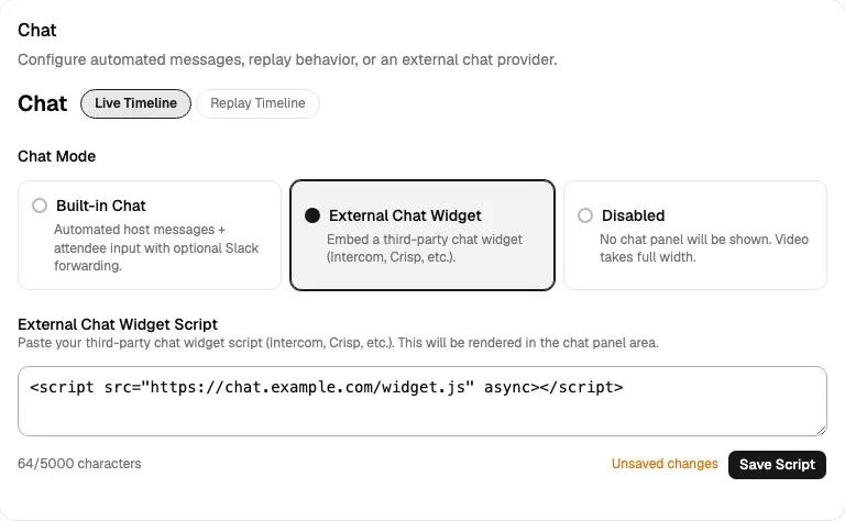Chat card showing External Chat Widget selected with script editor and Save Script action