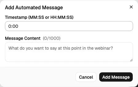 Add Automated Message dialog showing timestamp and message content fields
