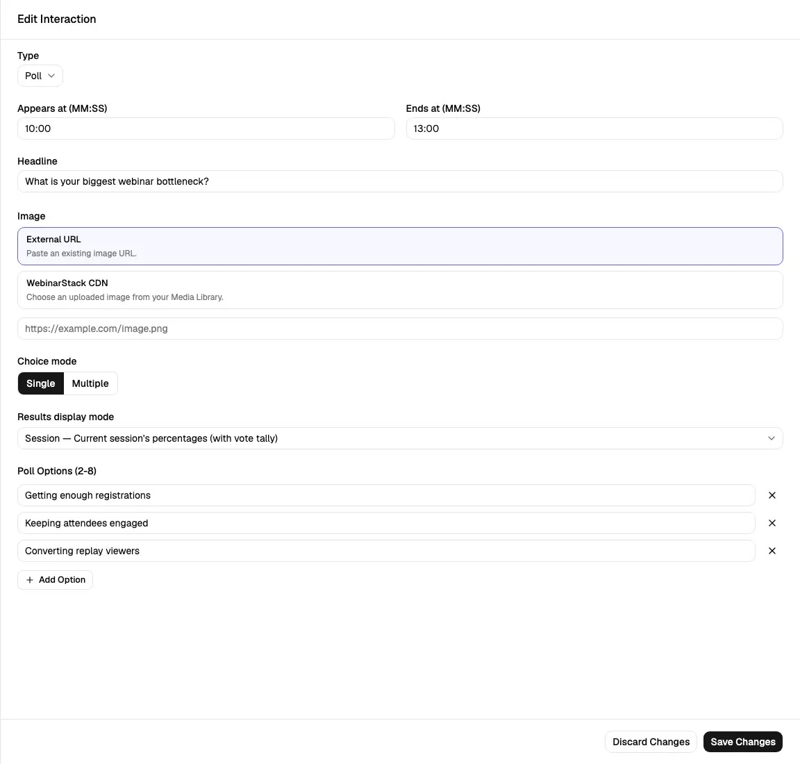 Edit Interaction sheet showing poll fields, choice mode, results display mode, and poll options