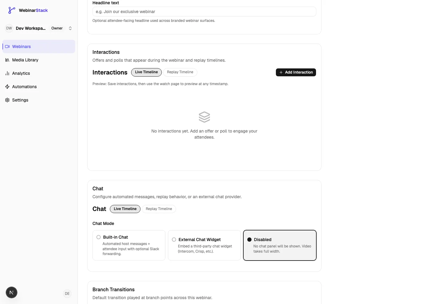 Experience tab showing interaction timeline controls, the empty interaction state, chat mode options, and branch transition controls
