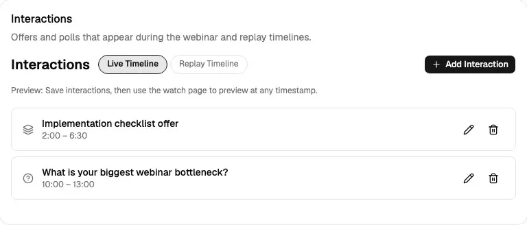 Interactions card showing live timeline offers and polls with edit and delete actions