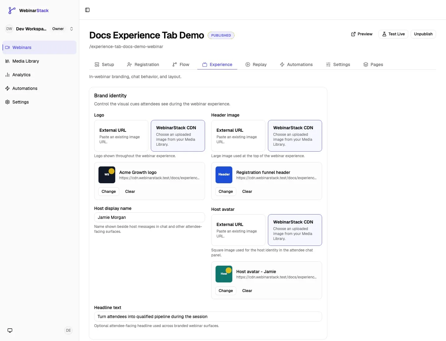 Webinar editor Experience tab showing the active Experience tab and the Brand identity card