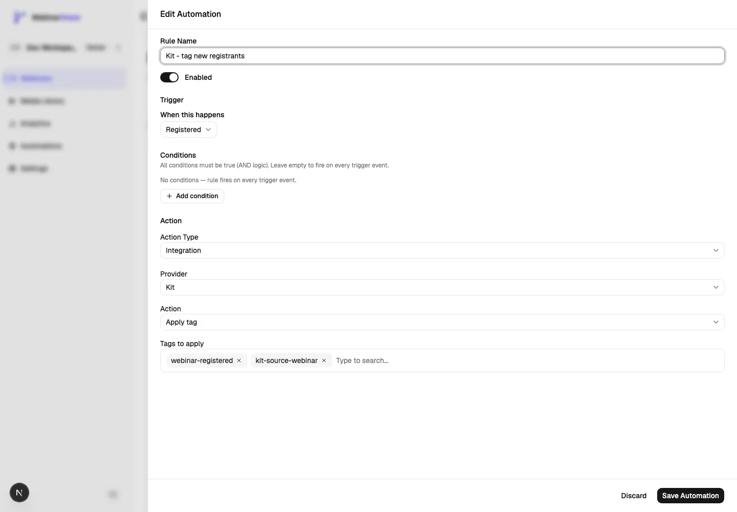 Edit Automation sheet showing a Kit integration action configured to apply tags to a new registrant