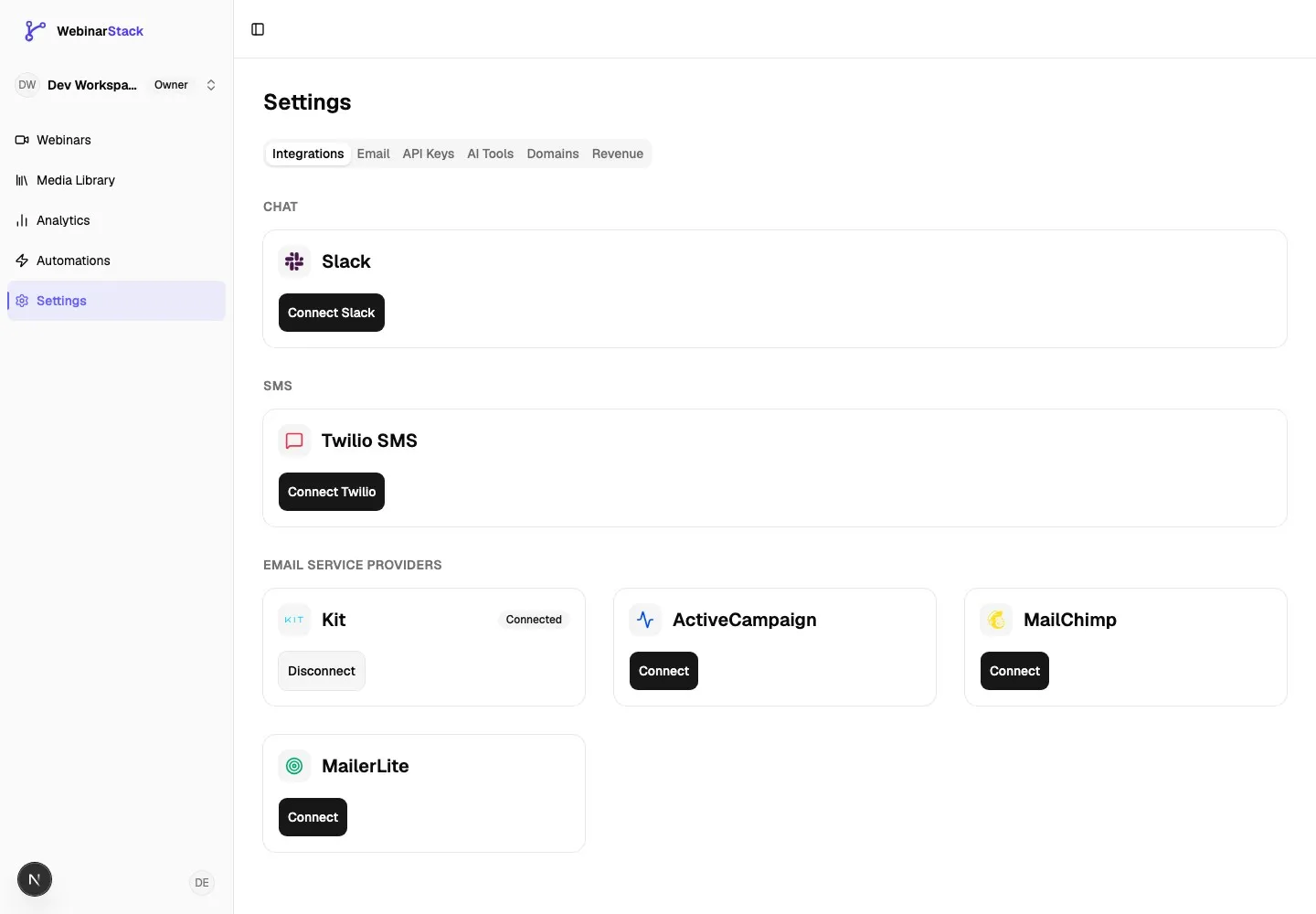 Settings Integrations page showing the Email Service Providers section with the Kit card connected