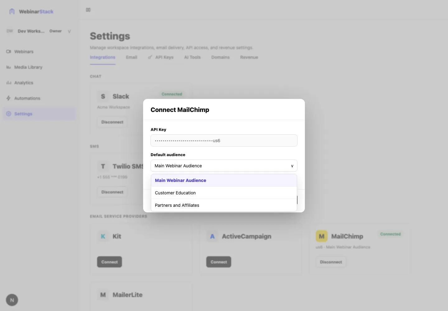 Connect MailChimp dialog showing the Default audience picker with multiple Mailchimp audiences
