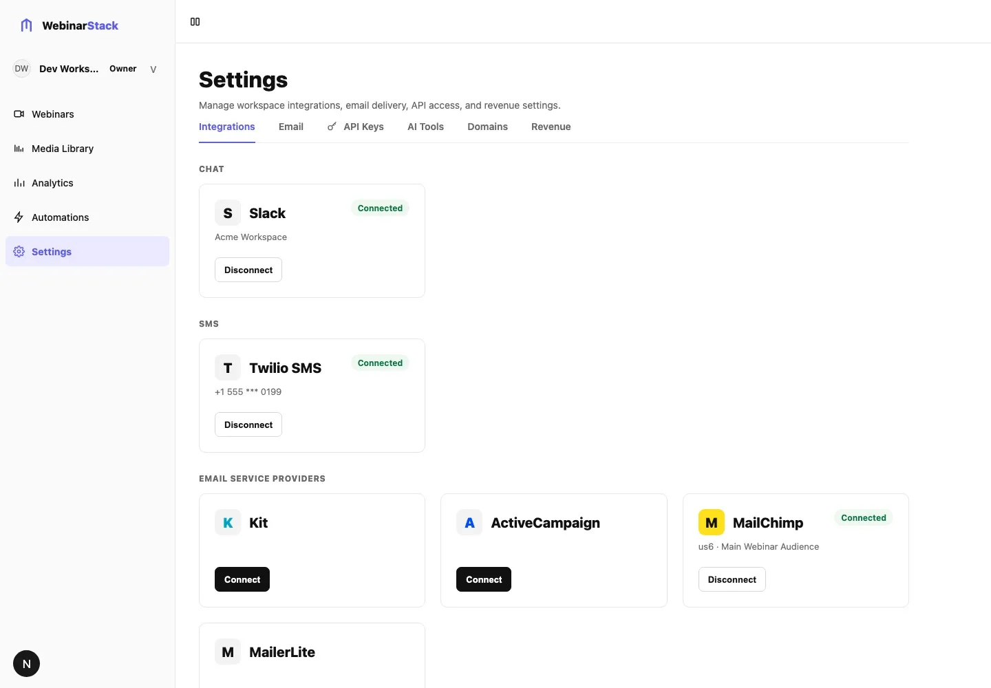 Settings Integrations page showing the MailChimp card connected with data center and default audience metadata