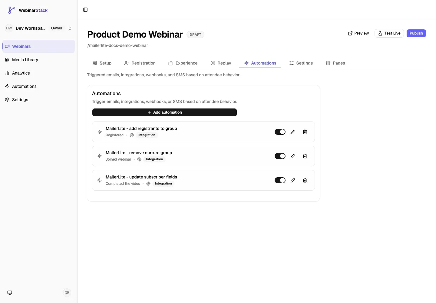 Webinar Automations tab showing MailerLite rules for adding groups, removing groups, and updating subscriber fields