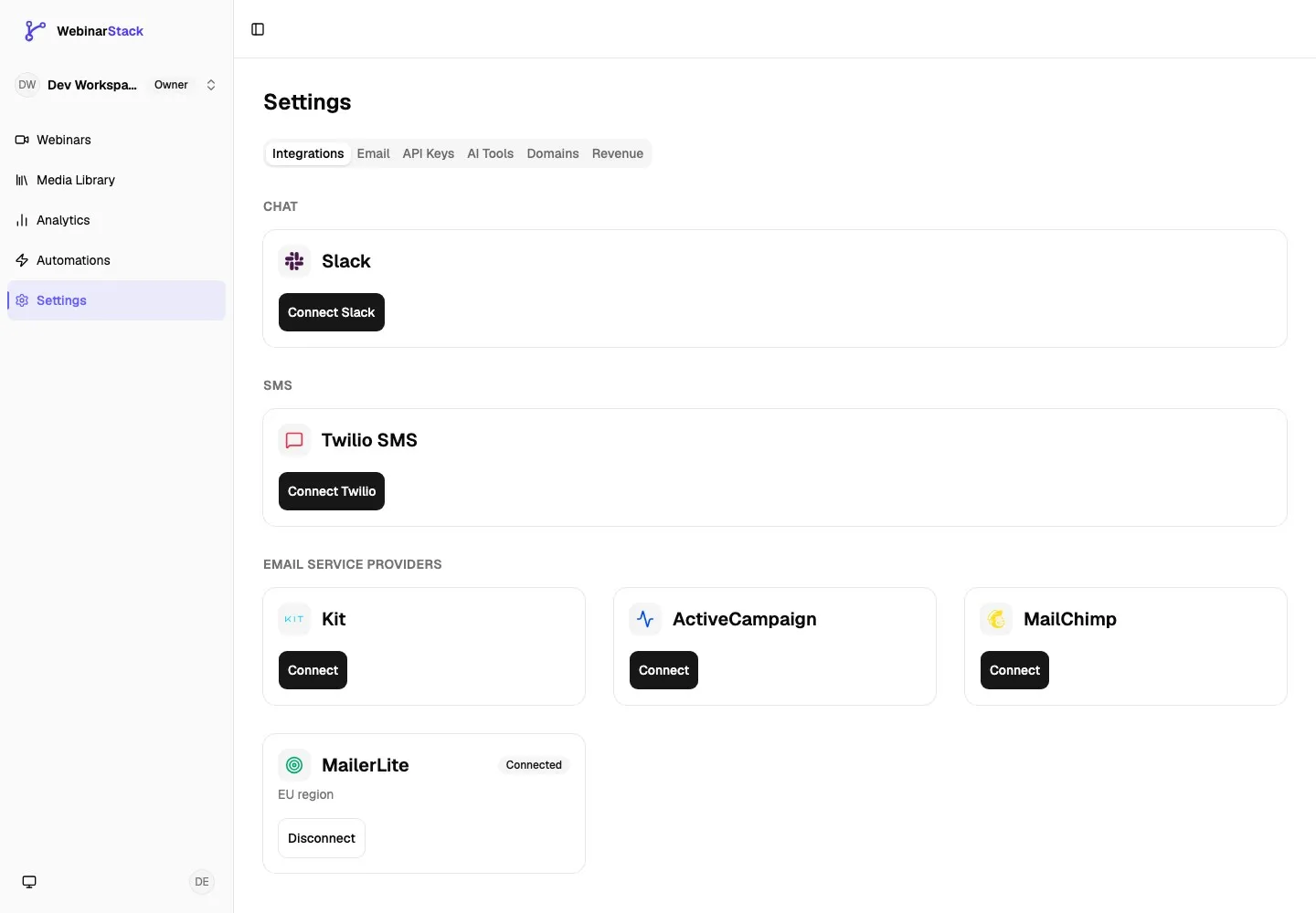 Settings Integrations page showing the Email Service Providers section with the MailerLite card connected and EU region metadata