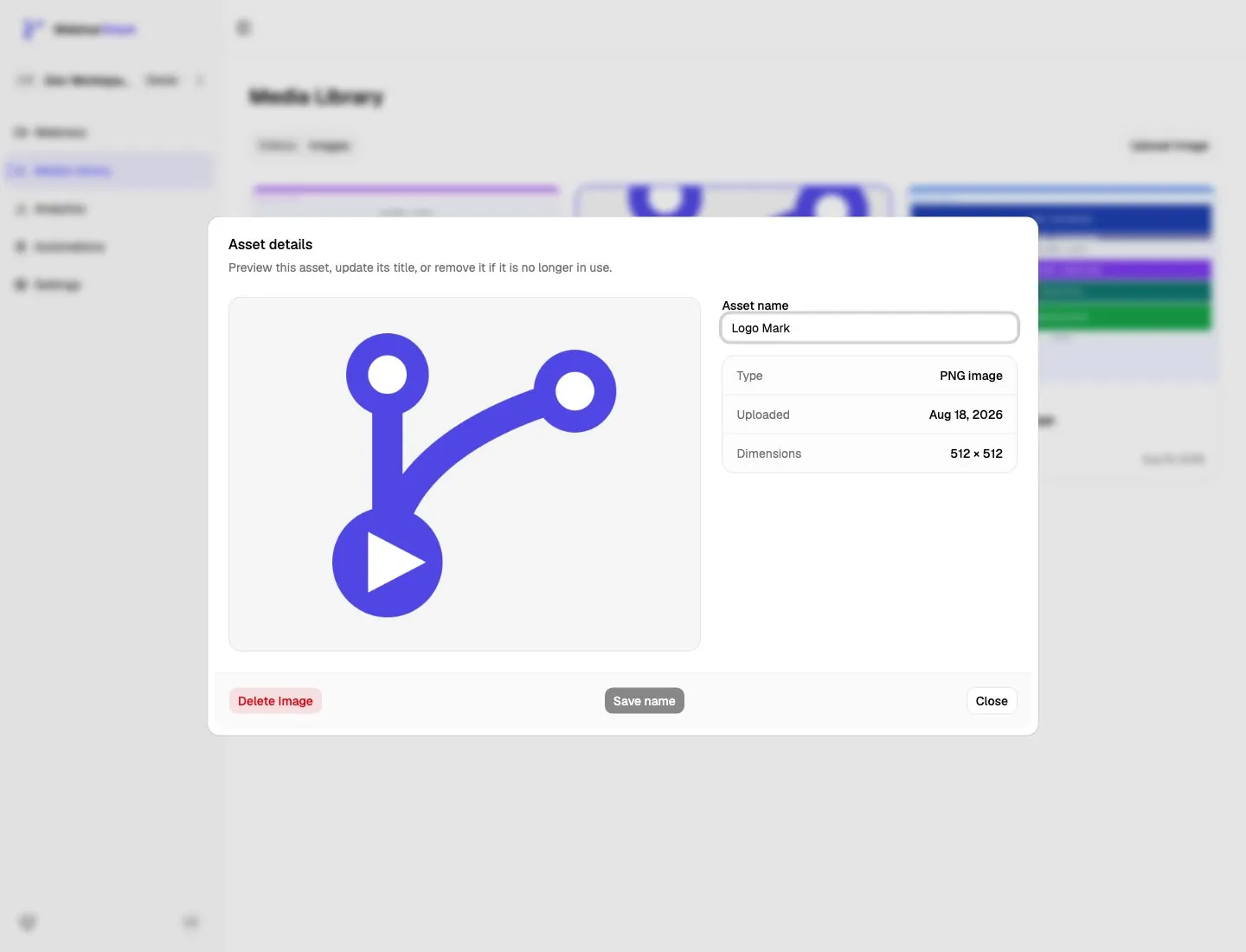 Hosted image asset details dialog showing the preview, asset name field, type, upload date, dimensions, delete button, and save name button