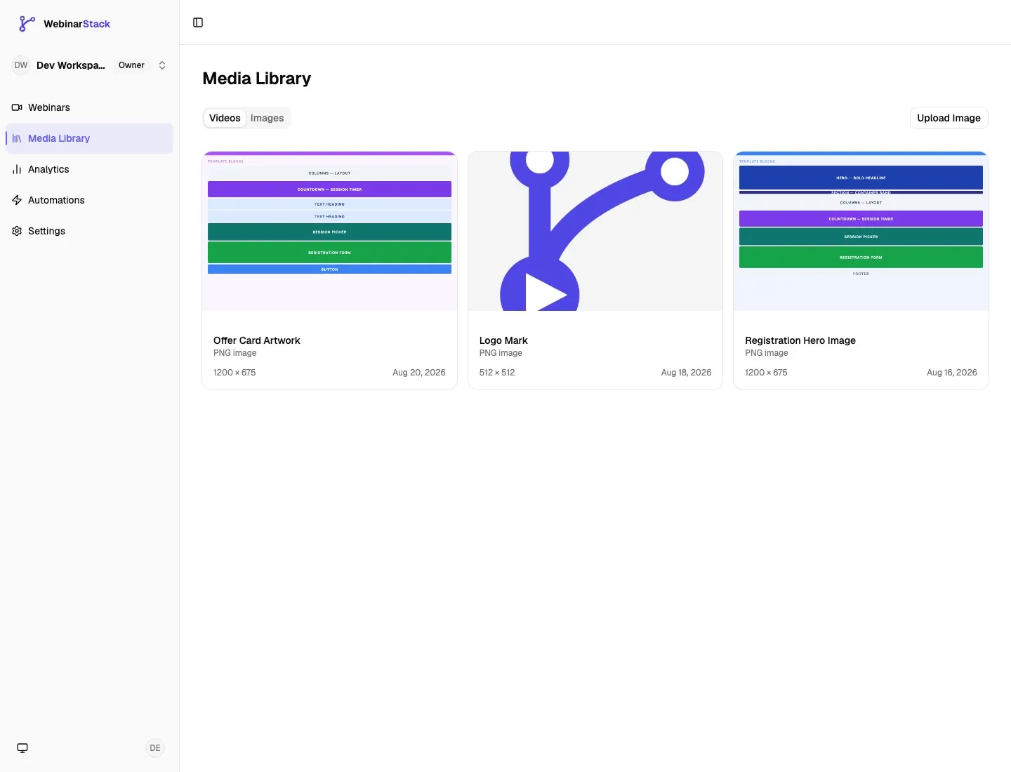 Media Library images tab showing hosted image cards, image type, dimensions, upload date, and the Upload Image button