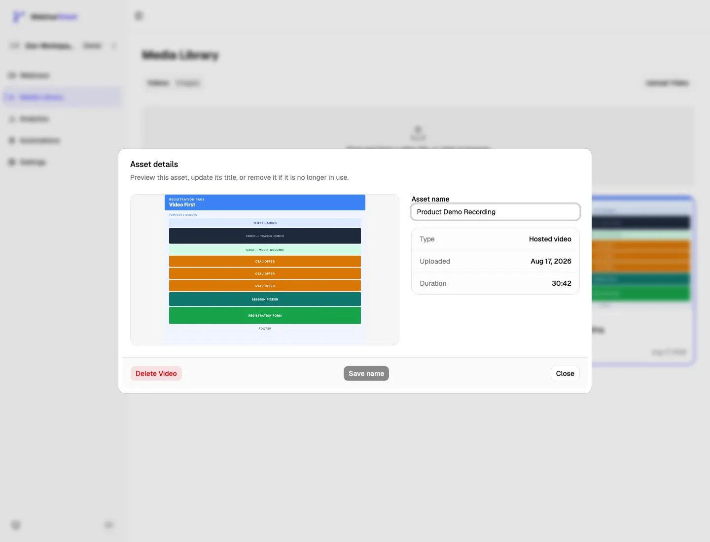 Hosted video asset details dialog showing the preview, asset name field, type, upload date, duration, delete button, and save name button