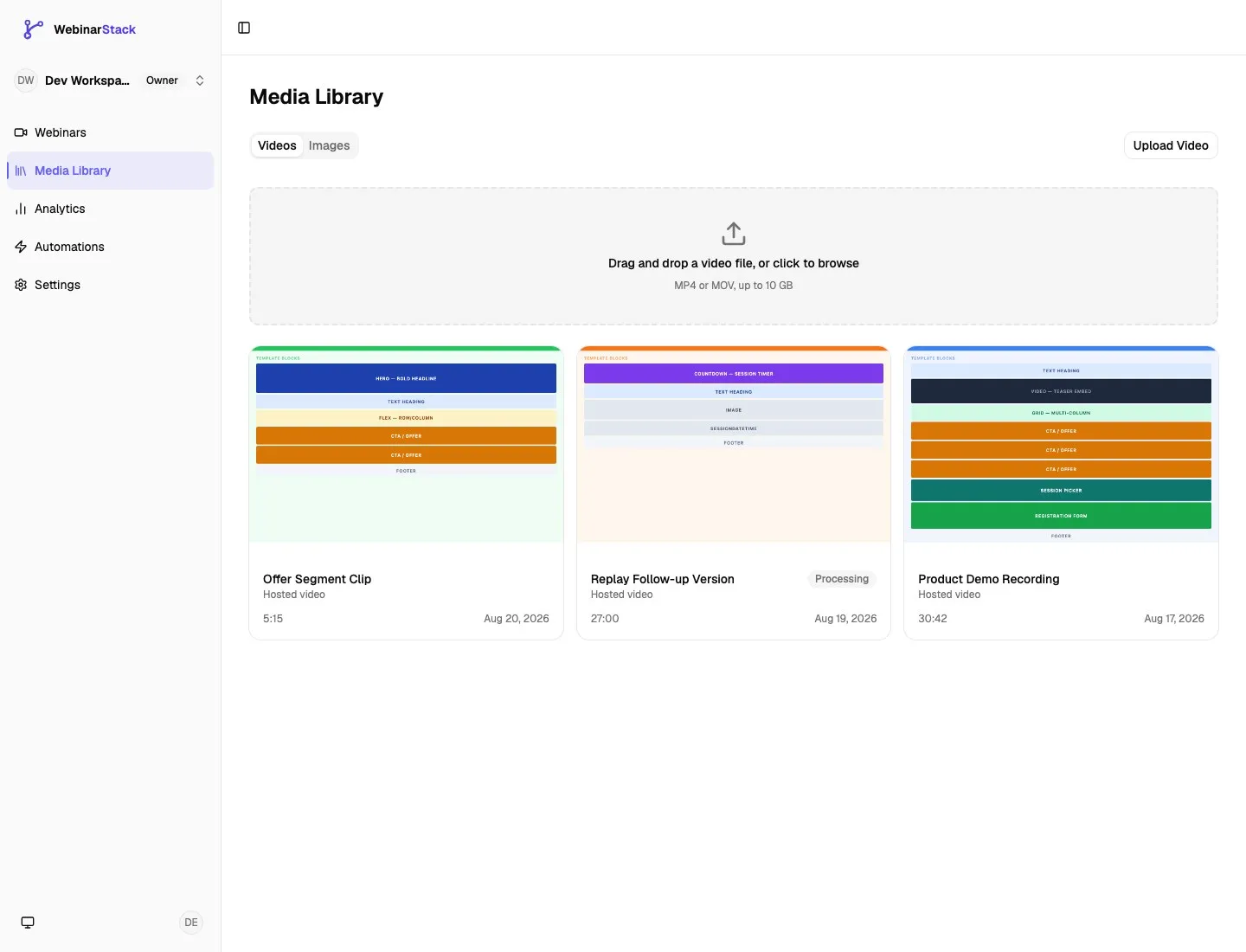 Media Library video upload panel showing drag-and-drop upload for MP4 or MOV files up to 10 GB