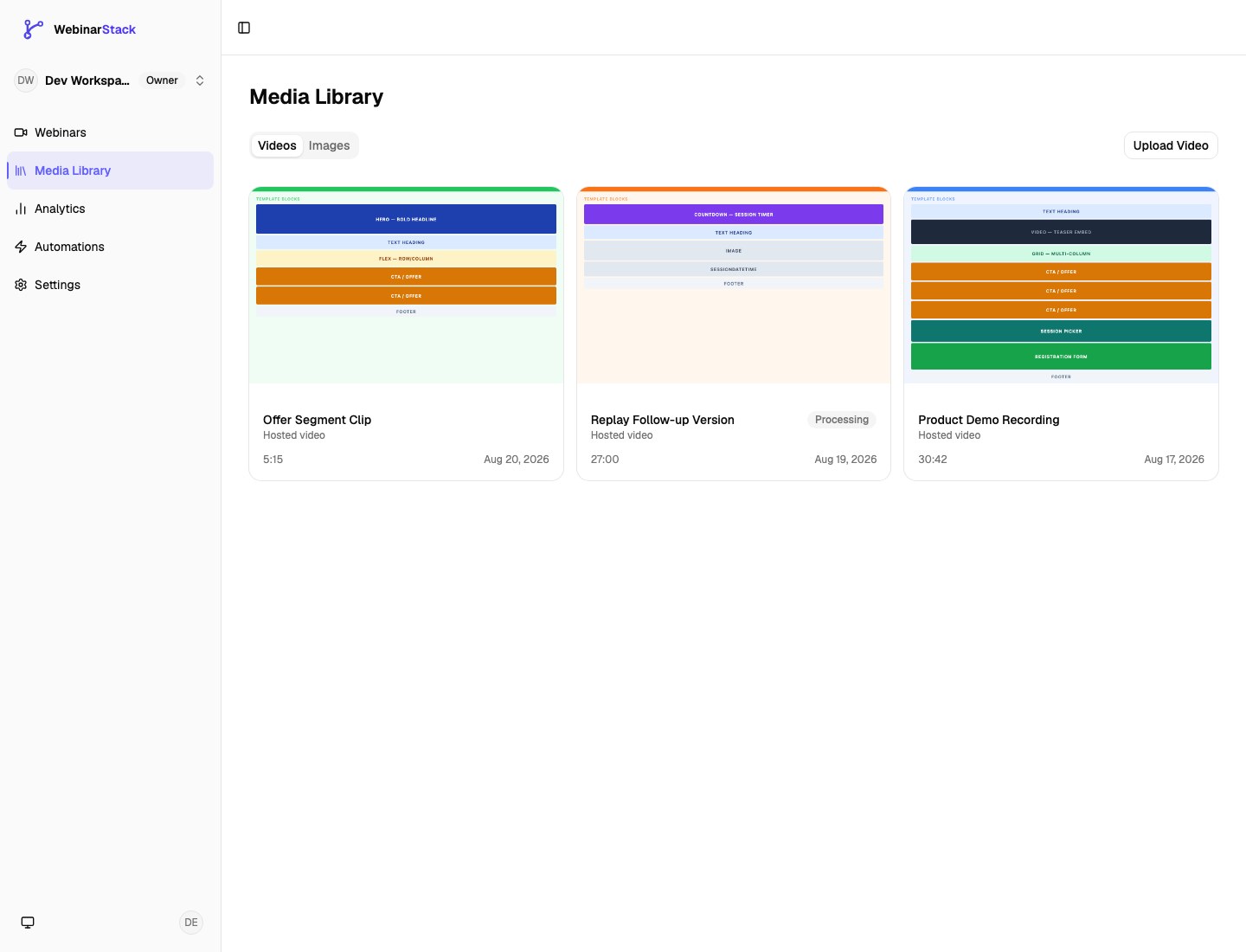 WebinarStack Media Library showing hosted video cards and upload controls.
