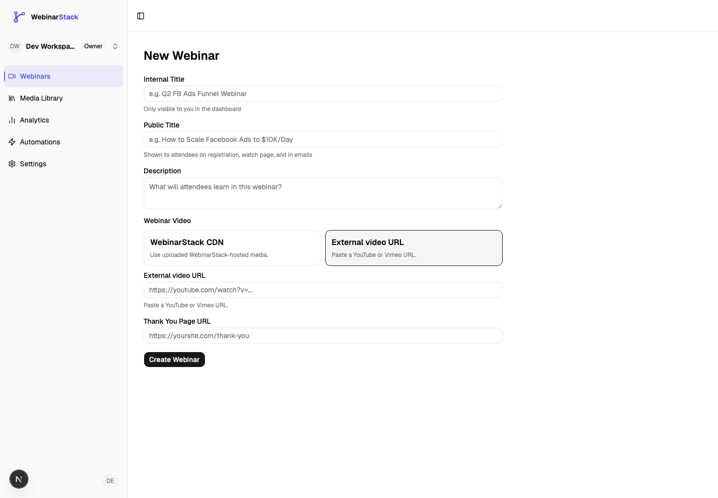 WebinarStack new webinar form showing setup fields and scheduling controls.