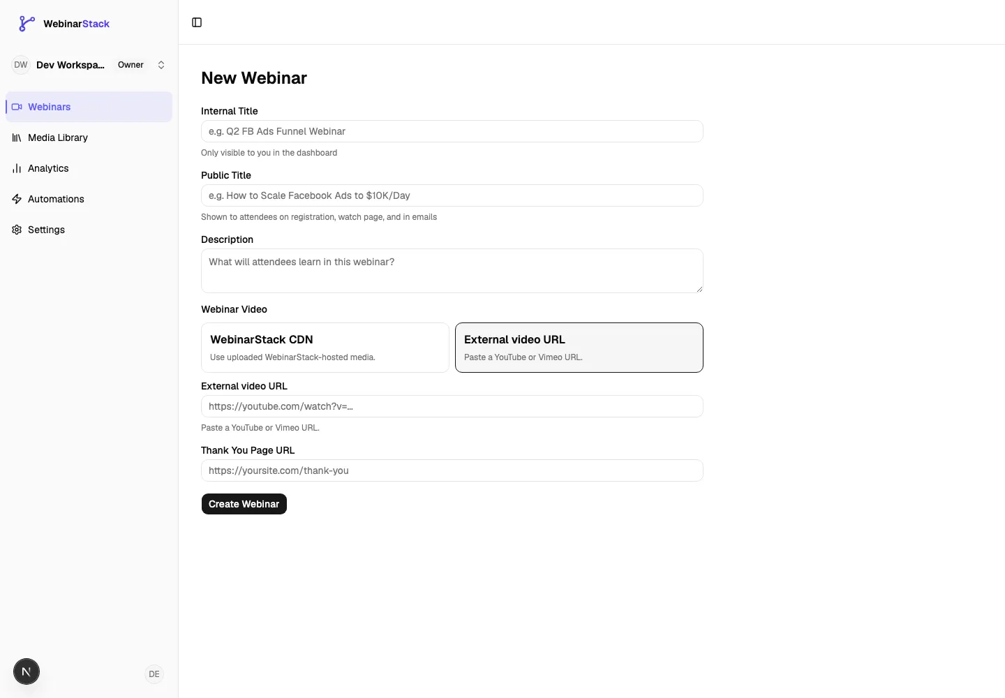 New webinar form with internal title, public title, description, video source, external video URL, and thank-you page URL fields