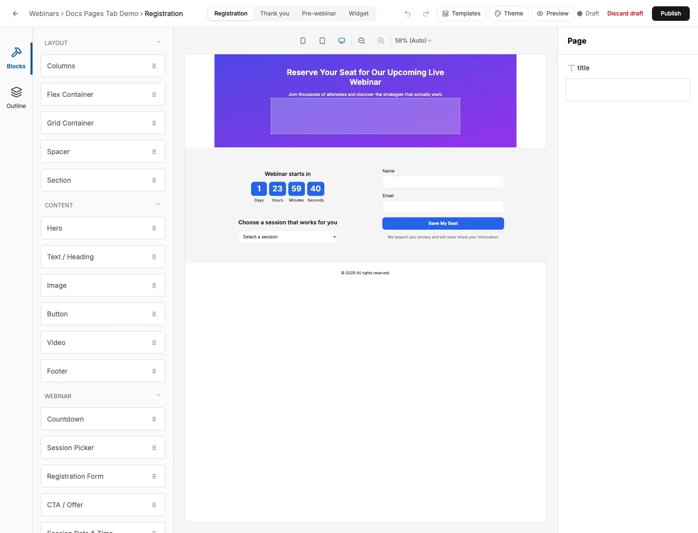 Page editor after a template change showing draft status and publish controls