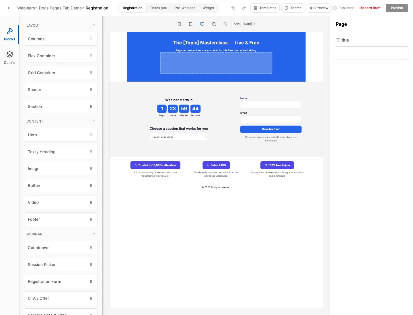 WebinarStack page editor showing a registration page preview and editor panels.