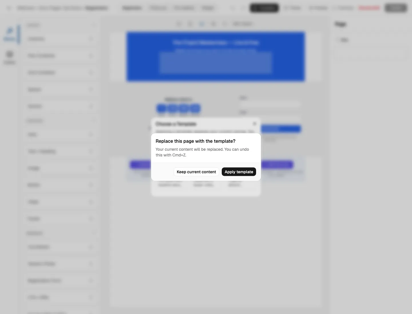 Template replacement confirmation dialog warning that current content will be replaced