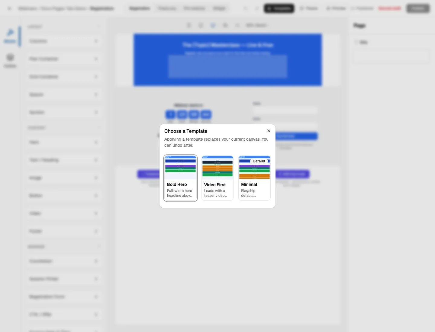 Template gallery showing registration page templates with the default template badge