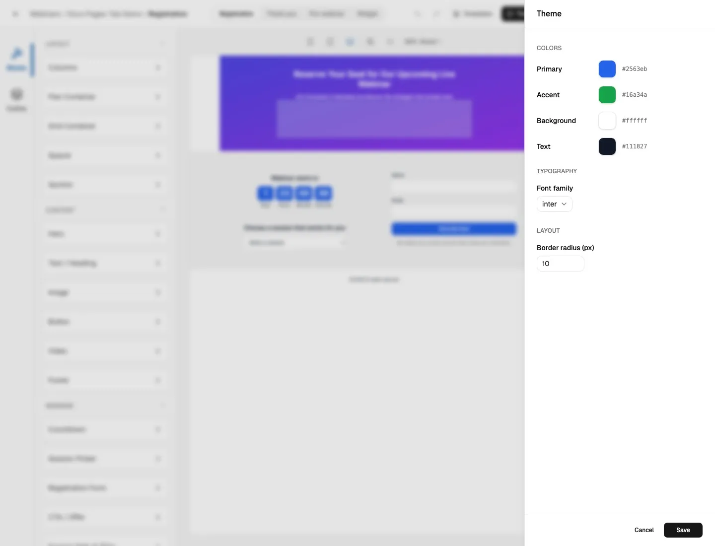 Page editor Theme panel showing color, typography, and border-radius controls