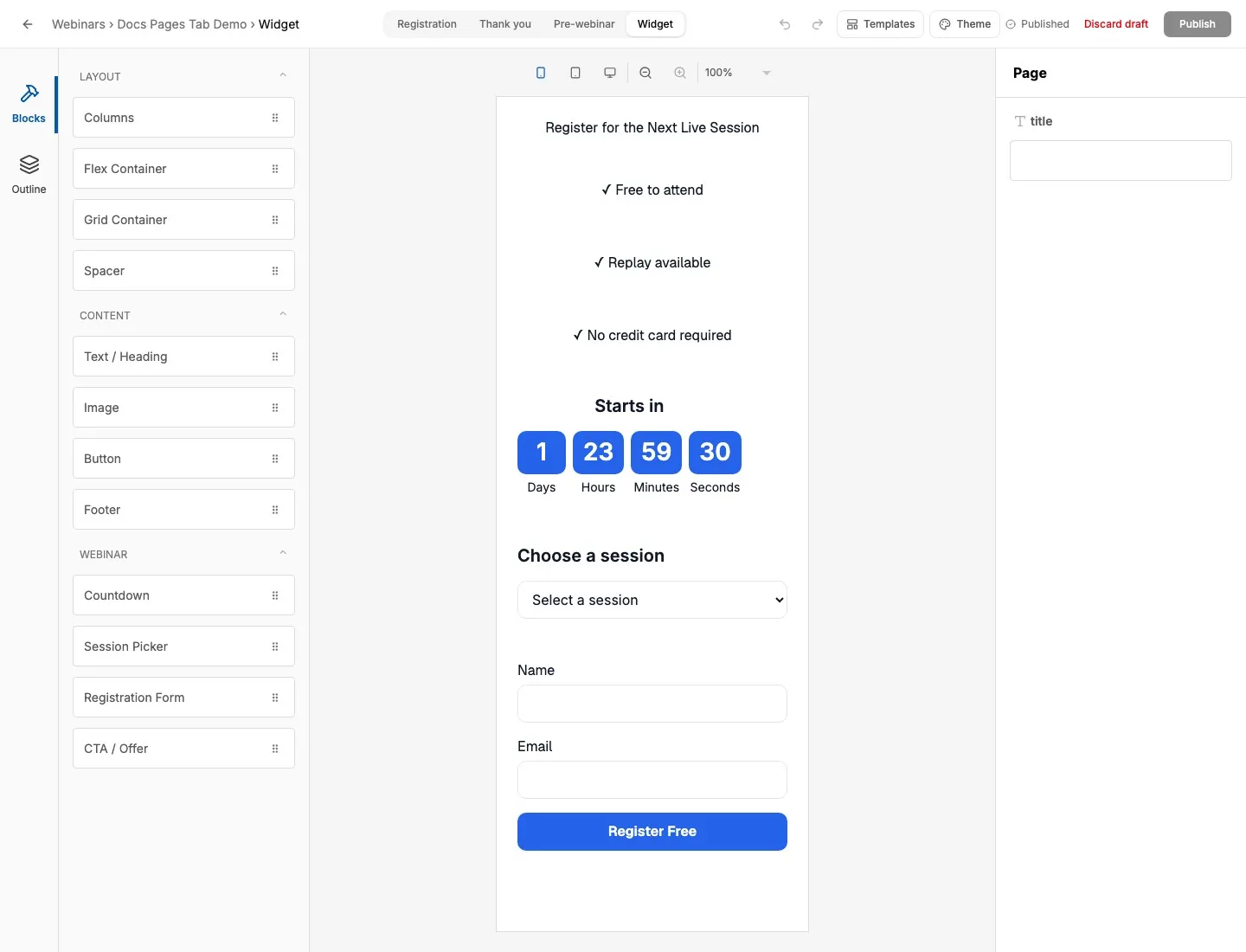 Widget page editor showing compact canvas, widget page switcher, and reduced block palette