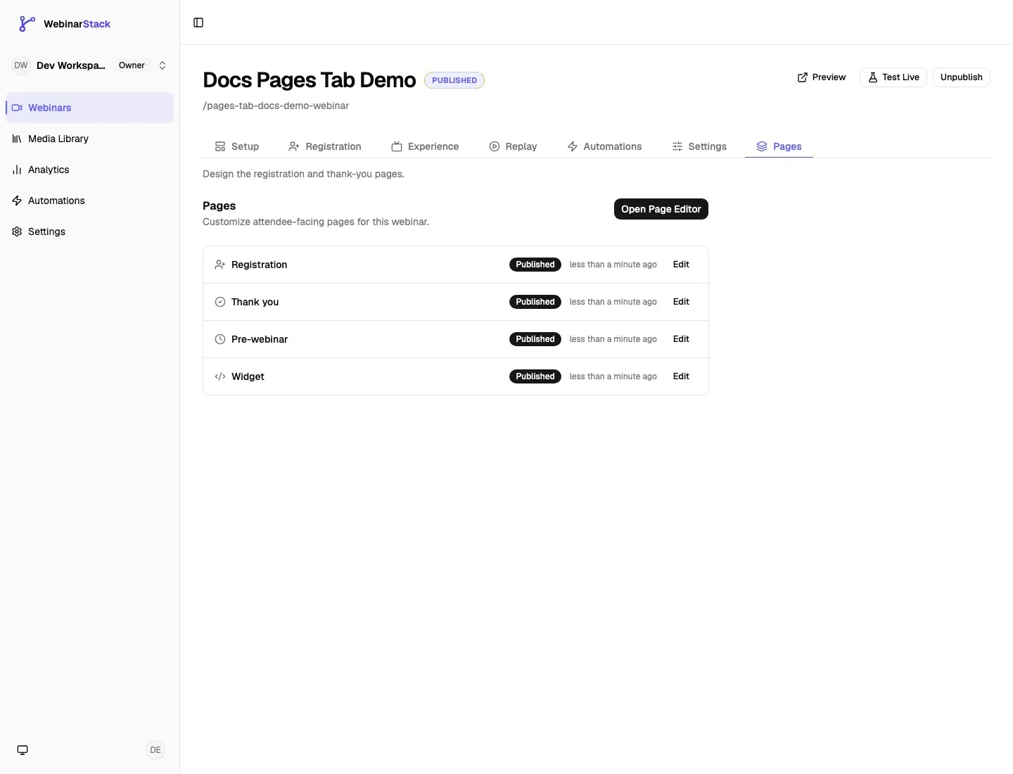 Webinar editor Pages tab showing registration, thank-you, pre-webinar, and widget rows