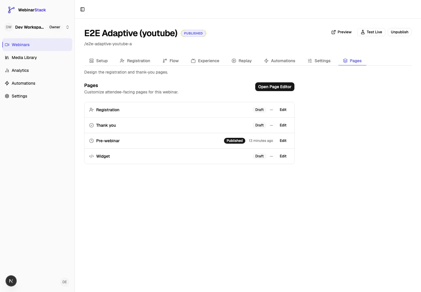 Pages tab showing registration, thank-you, pre-webinar, and widget page rows with status and edit links