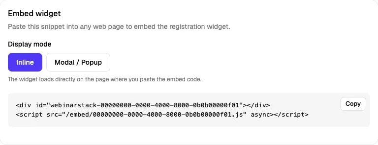 Embed widget card showing Inline mode and the generated inline registration widget snippet